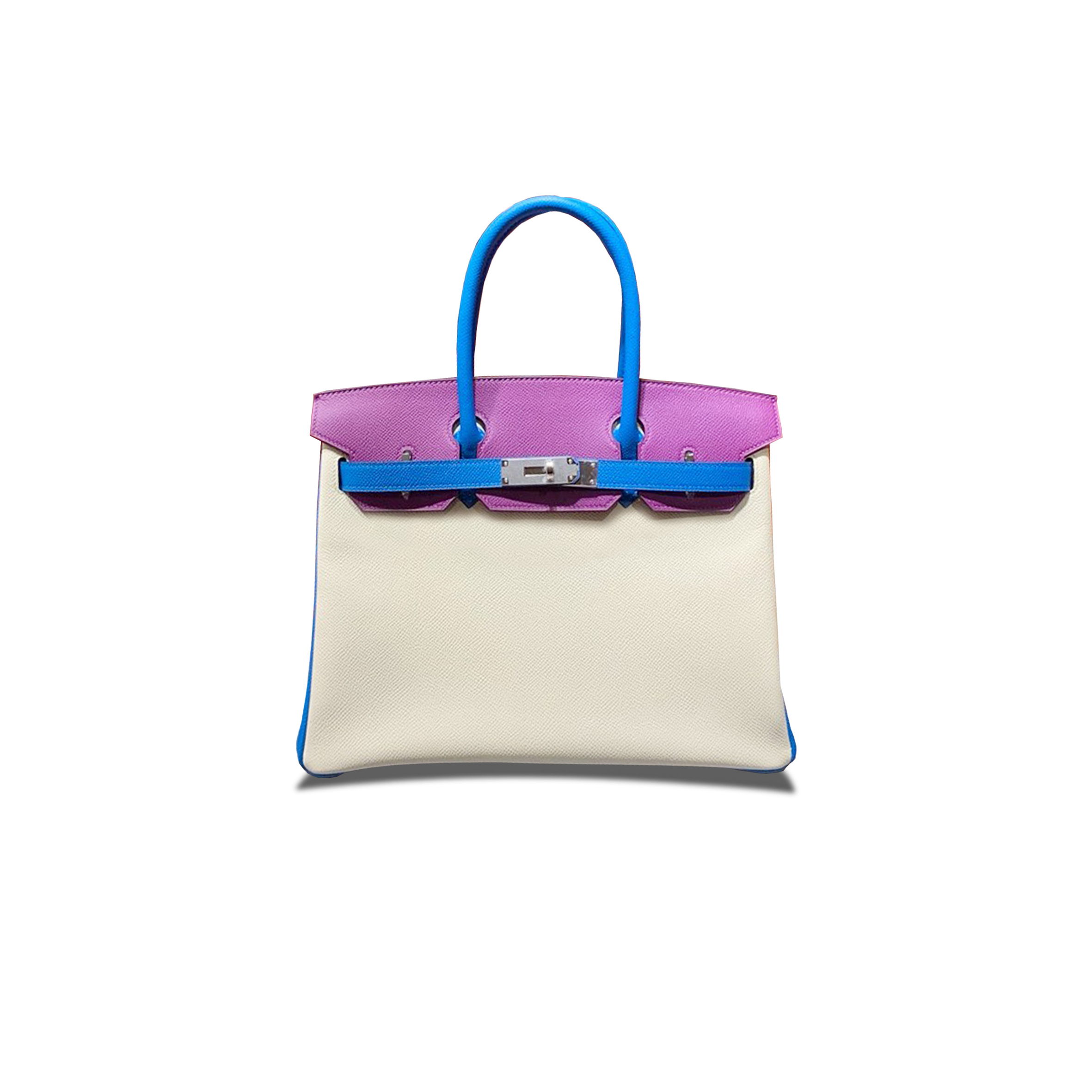 HERMES MASTER BIRKIN 30 EPSOM MILKSHAKE WHITE WITH WATER FAIRY BLUE AND ANEMONE PURPLE SILVER BUCKLE H028362CC07 (30*23*15cm)